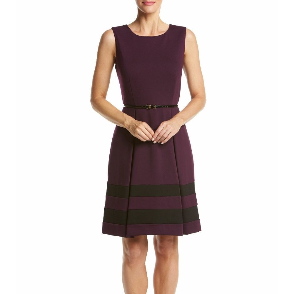 New! CALVIN KLEIN Women's Belted Ponte Knit Striped Hem Dress Color Aubergine